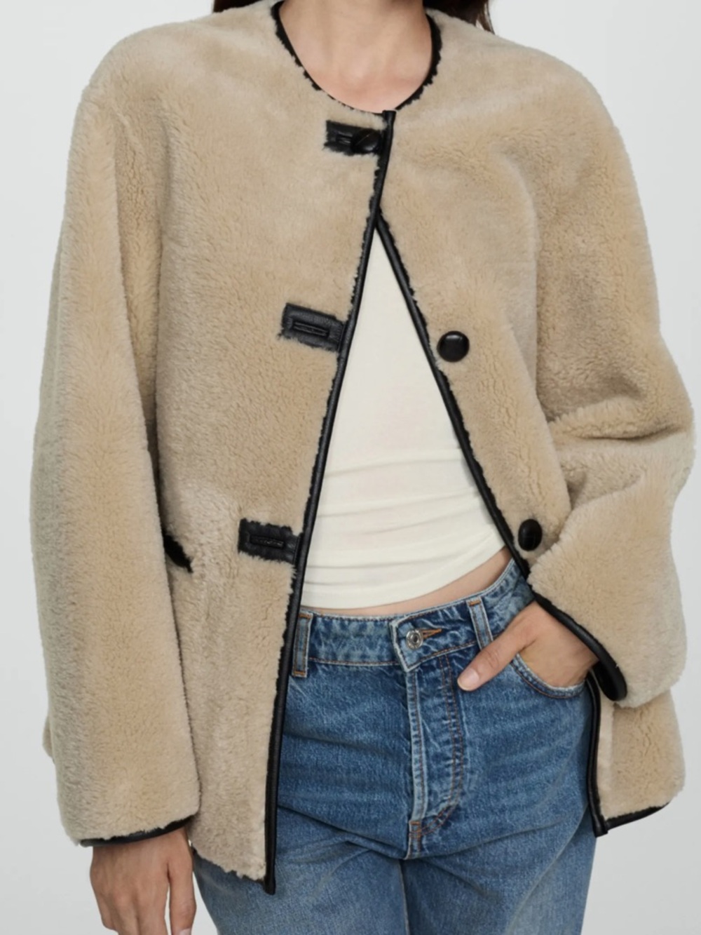 MANGO Contrast Faux Leather Trim Faux Fur Toggle Coat